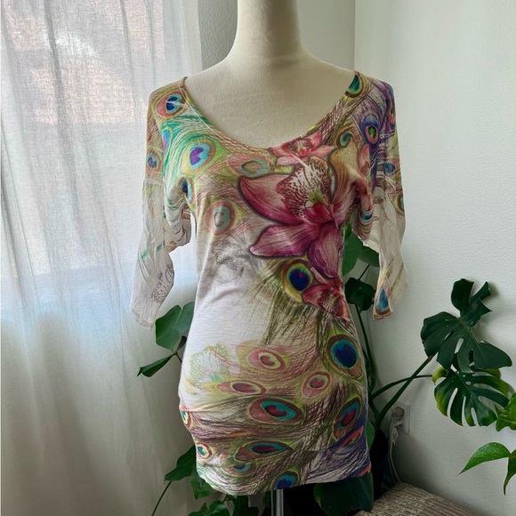 Vintage y2k Burnout Peacok floral Tunic Dress Cut out Sleeve - Picture 2 of 8